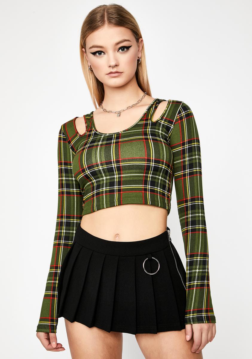 Plaid Cut Out Long Sleeve Crop Top Green – Dolls Kill