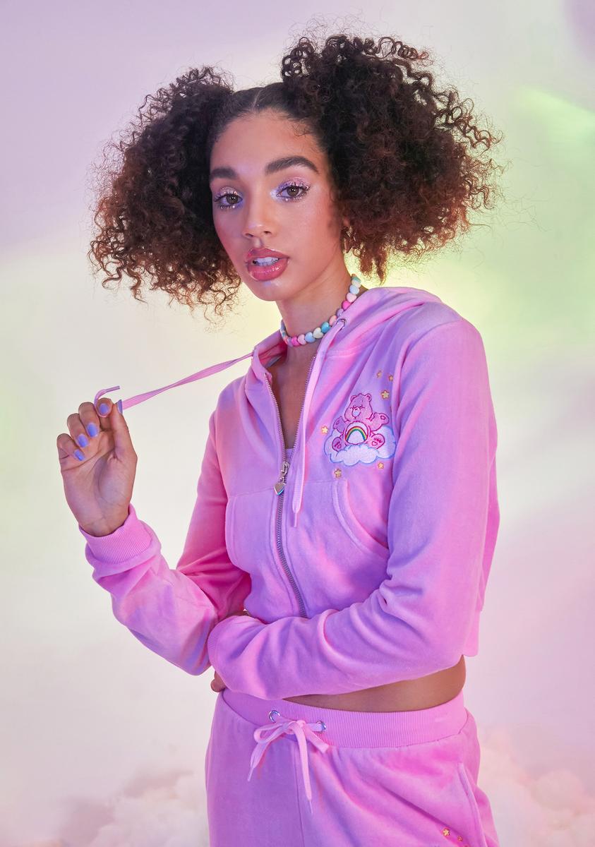Dolls Kill x Care Bears Embroidered Velour Track Jacket - Pink