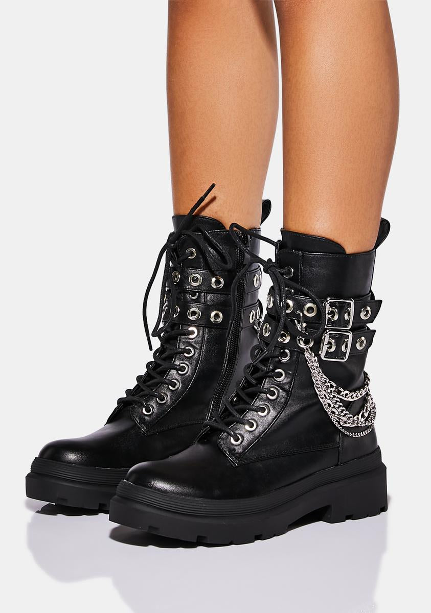 Vegan Leather Chain Buckle Combat Boots Black Silver – Dolls Kill