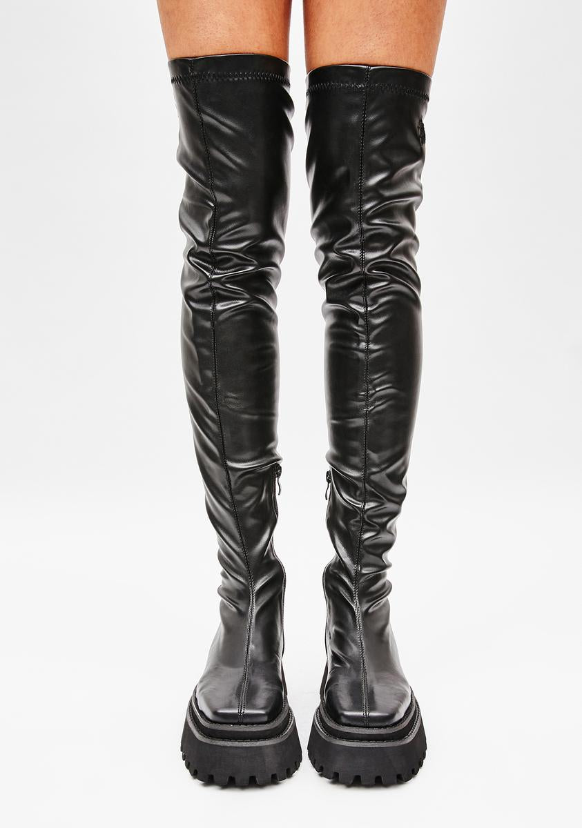 Darker Wavs Vegan Stretch Leather Over The Knee Square Toe Boots ...