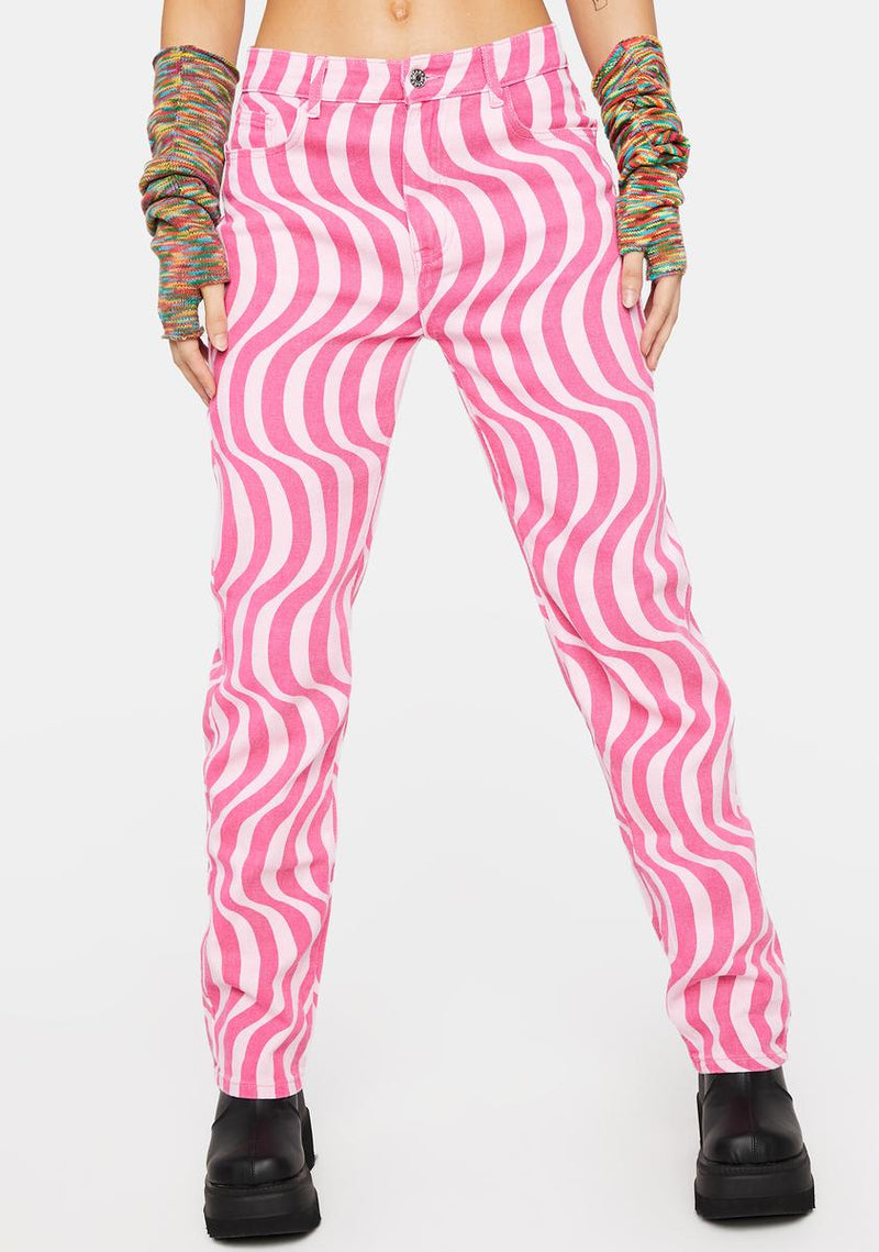 Pink Swirl Abstract Mid Rise Straight Leg Jeans