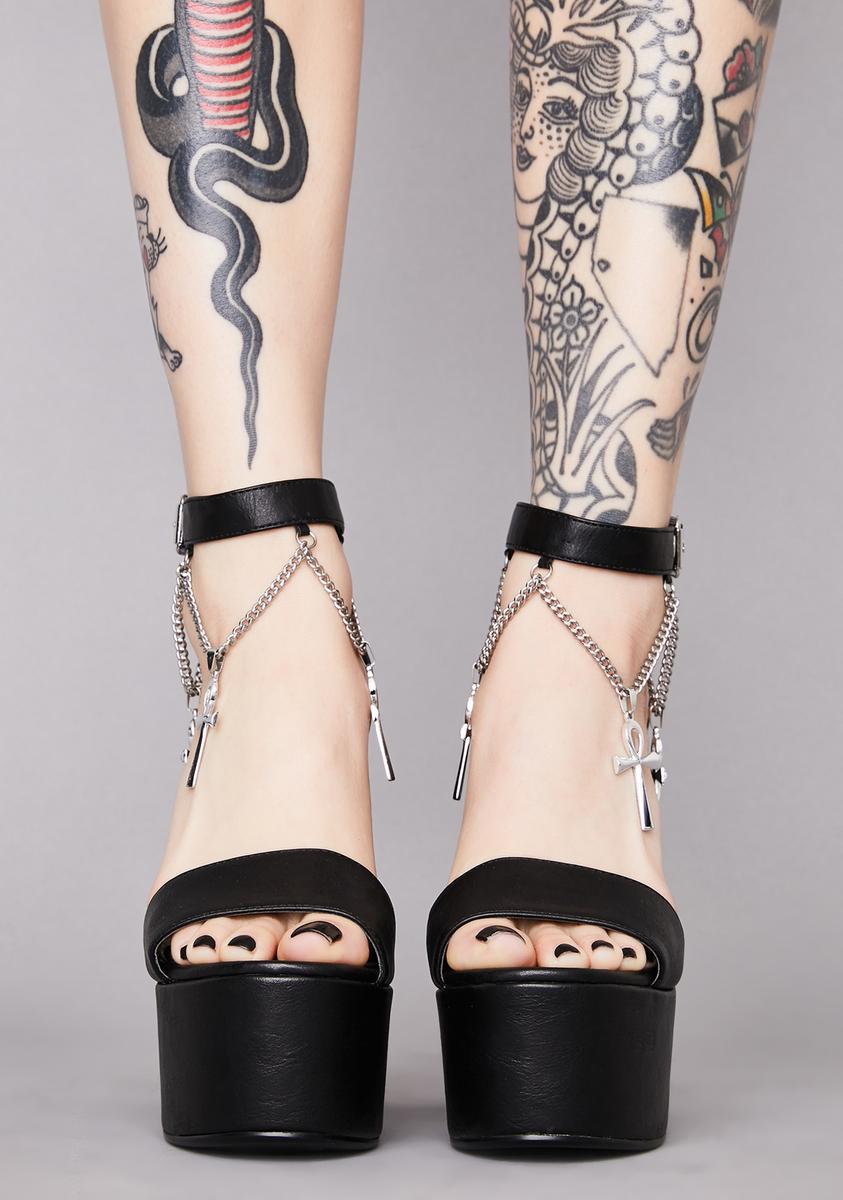 Widow Gothic Ankh Platform Heels - Faux Leather Black – Dolls Kill