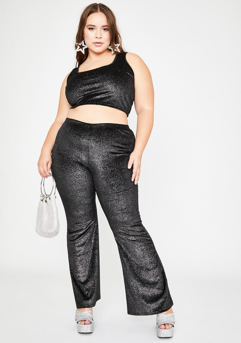 Plus Size Velvet Glitter Crop Top Flare Pants Set Matching Stretchy ...