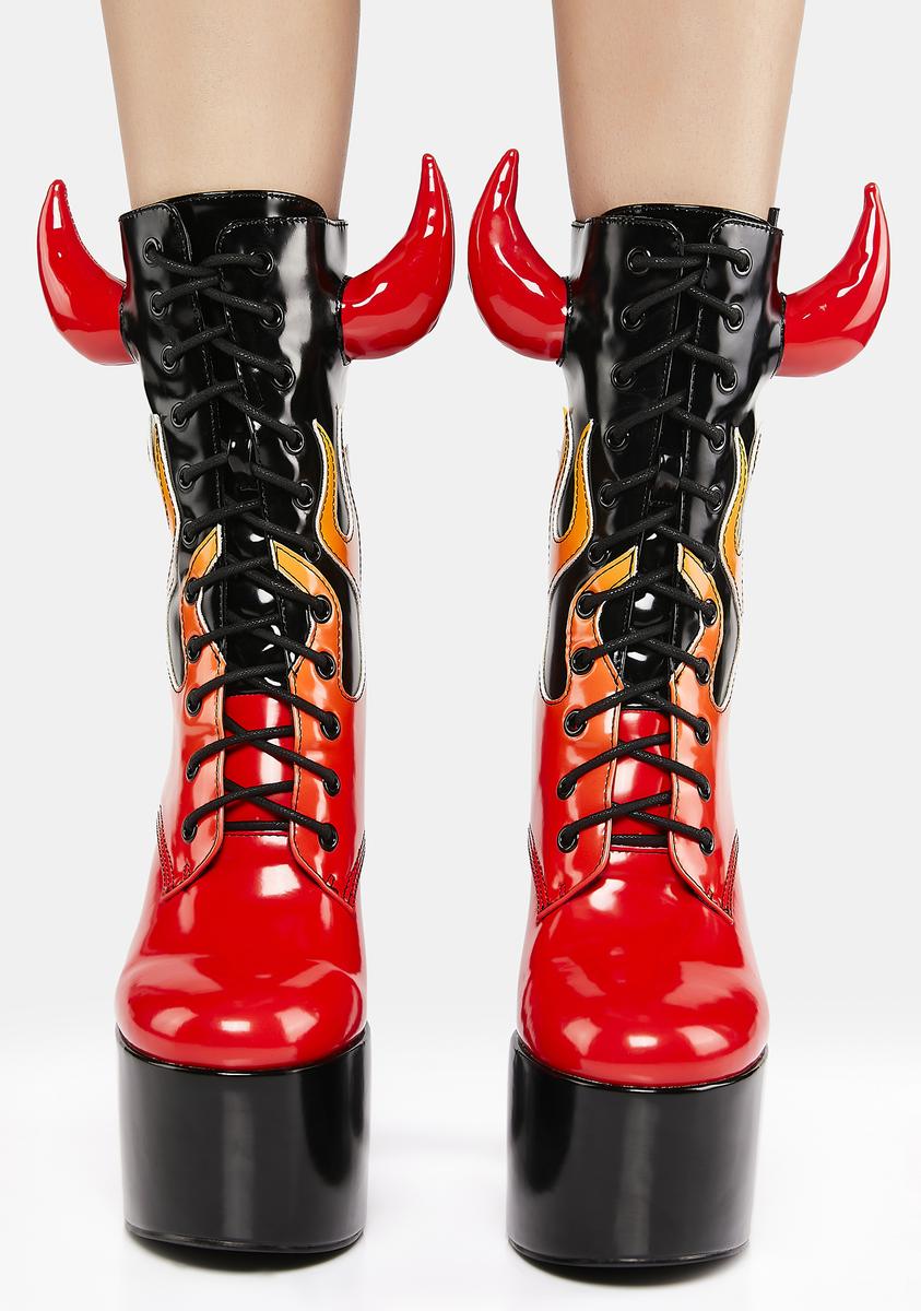 Dolls Kill x Hot Stuff Devil Horned Flame Platform Boots - Black/Red