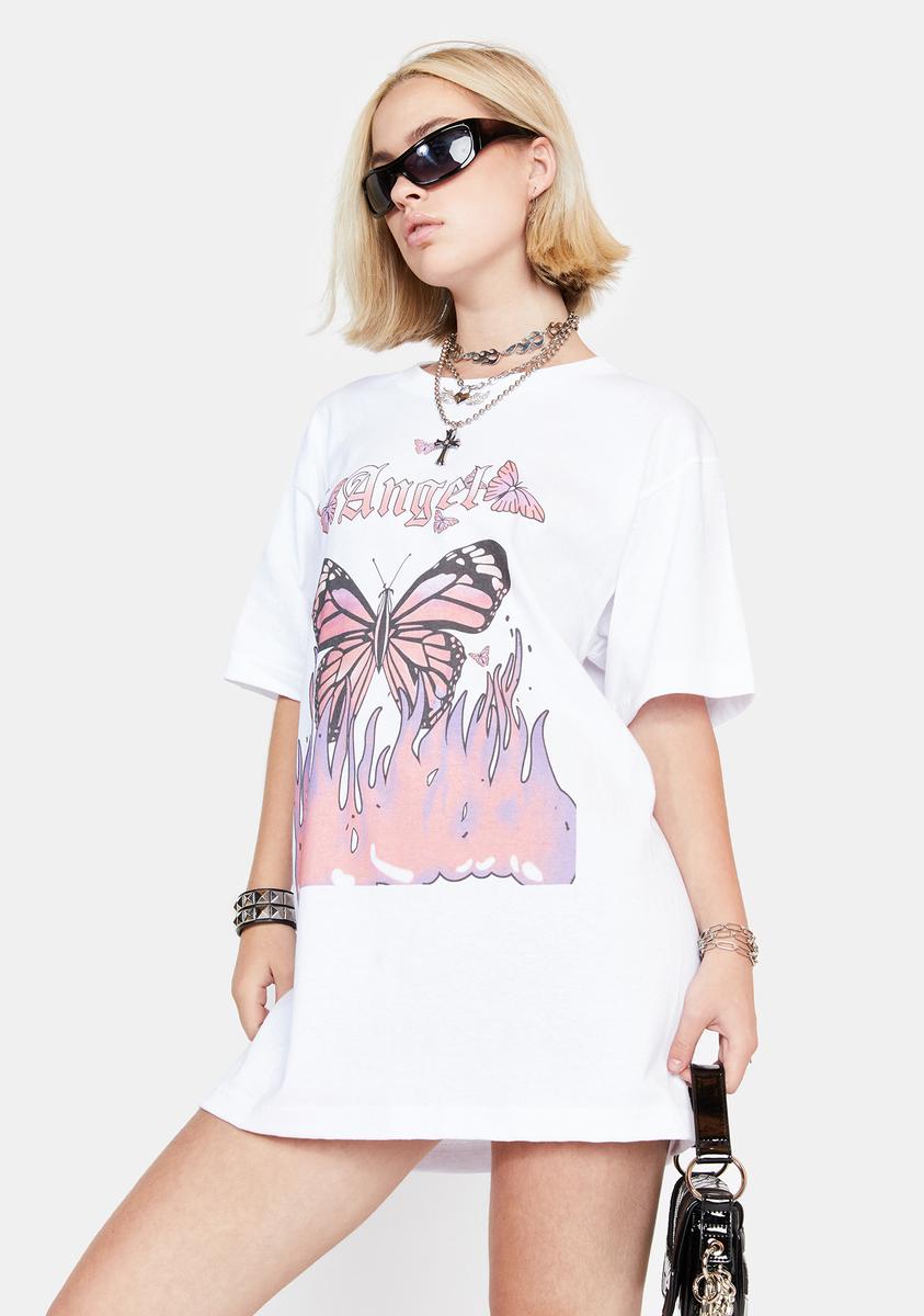 Angel Butterfly Flame Graphic Oversized Tee - White – Dolls Kill