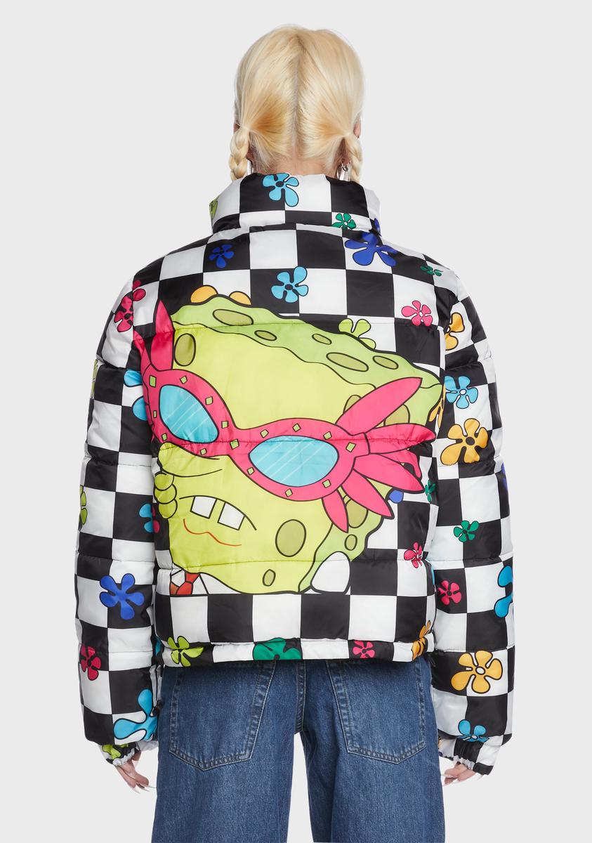 Dolls Kill x SpongeBob Reversible Nylon Graphic Checkered Puffer Jacket ...