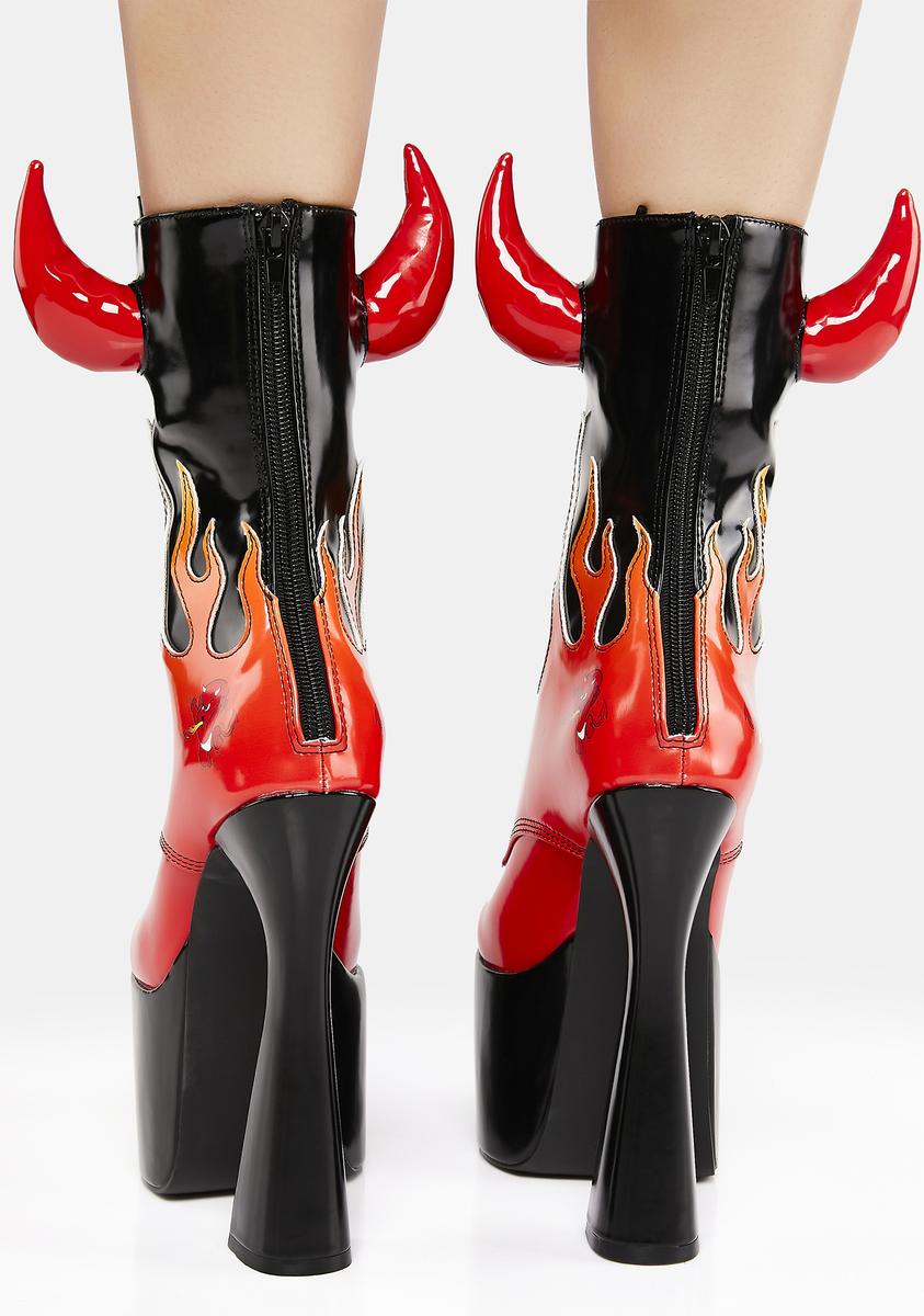 Dolls Kill x Hot Stuff Devil Horned Flame Platform Boots - Black/Red