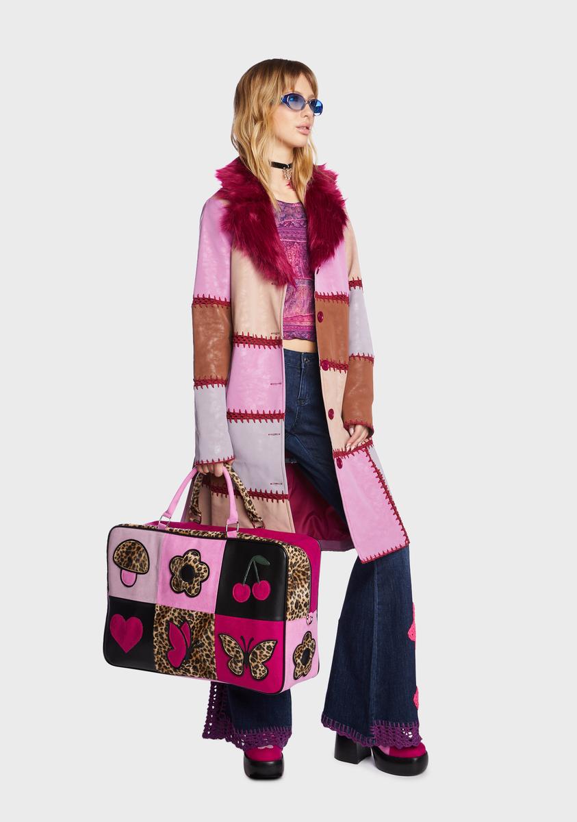 Delia's by Dolls Kill Faux Fur Crochet Trim PU Patchwork Coat - Pink/Purple