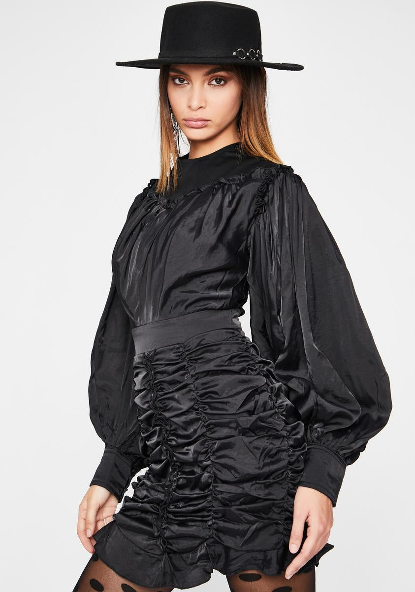 Bishop Sleeve Ruffle Dress Satin High Neck Black – Dolls Kill