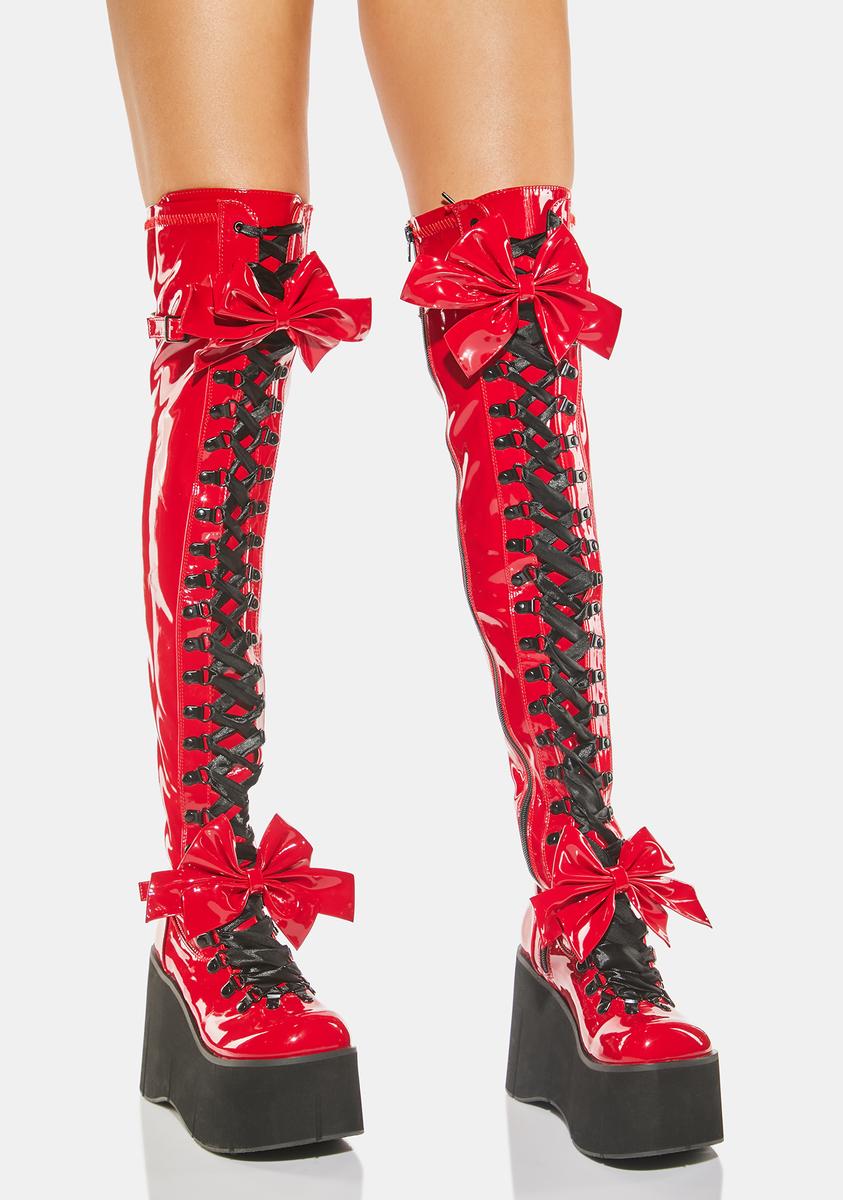 Red Lace Up Thigh High Heels
