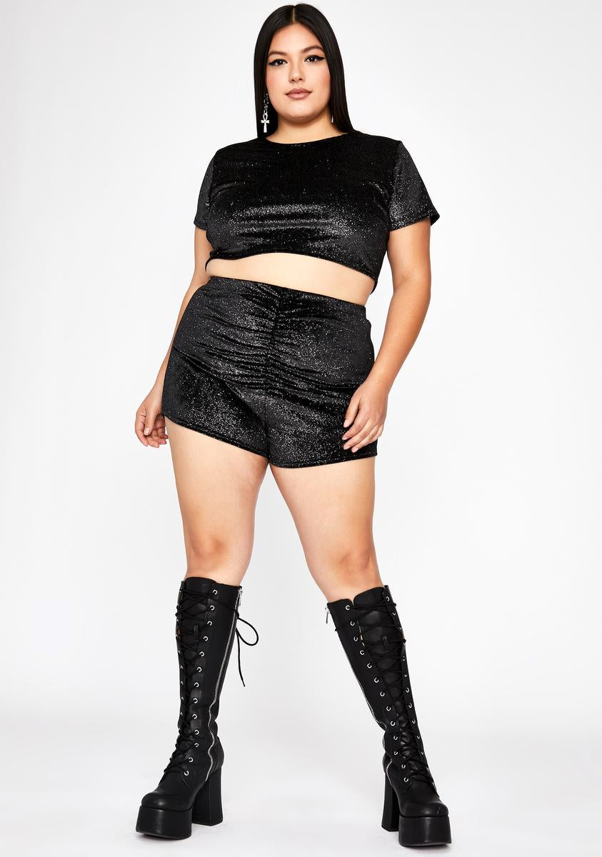 Plus Size Glitter Crop Top Booty Shorts Ruched Set Baby Tee Stretchy ...