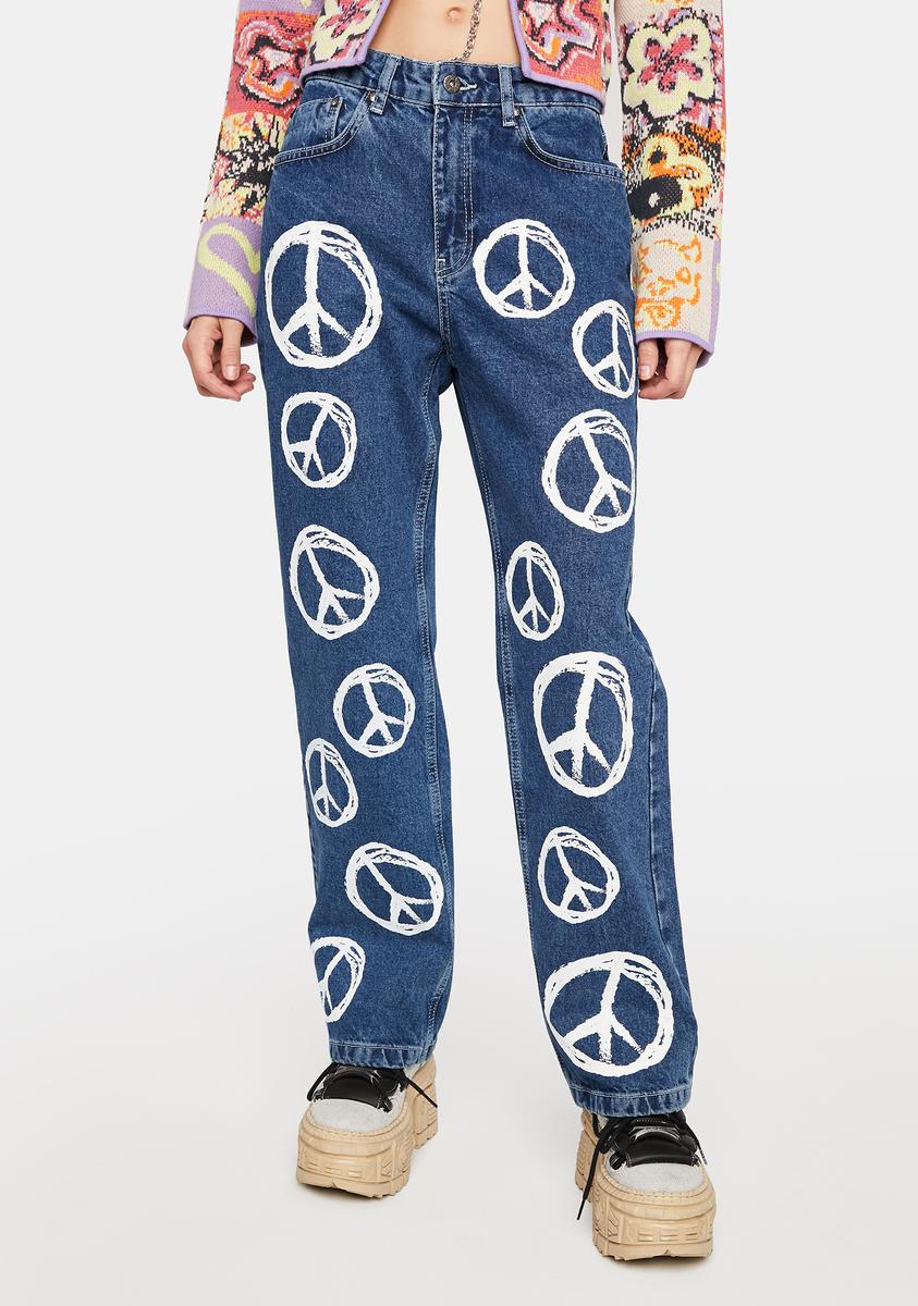 The Ragged Peace Sign Low Jeans - Blue – Dolls Kill