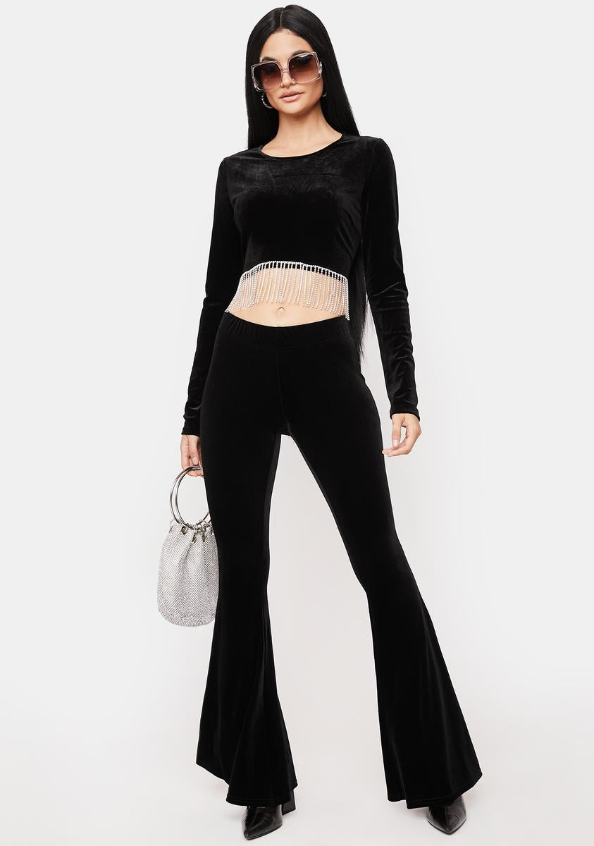 Velvet Long Sleeve Crop Top With Rhinestone Fringe - Black – Dolls Kill