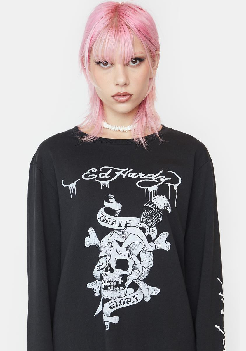 Ed Hardy Dagger Skull Rhinestone Long Sleeve Tee - Faded Black – Dolls Kill