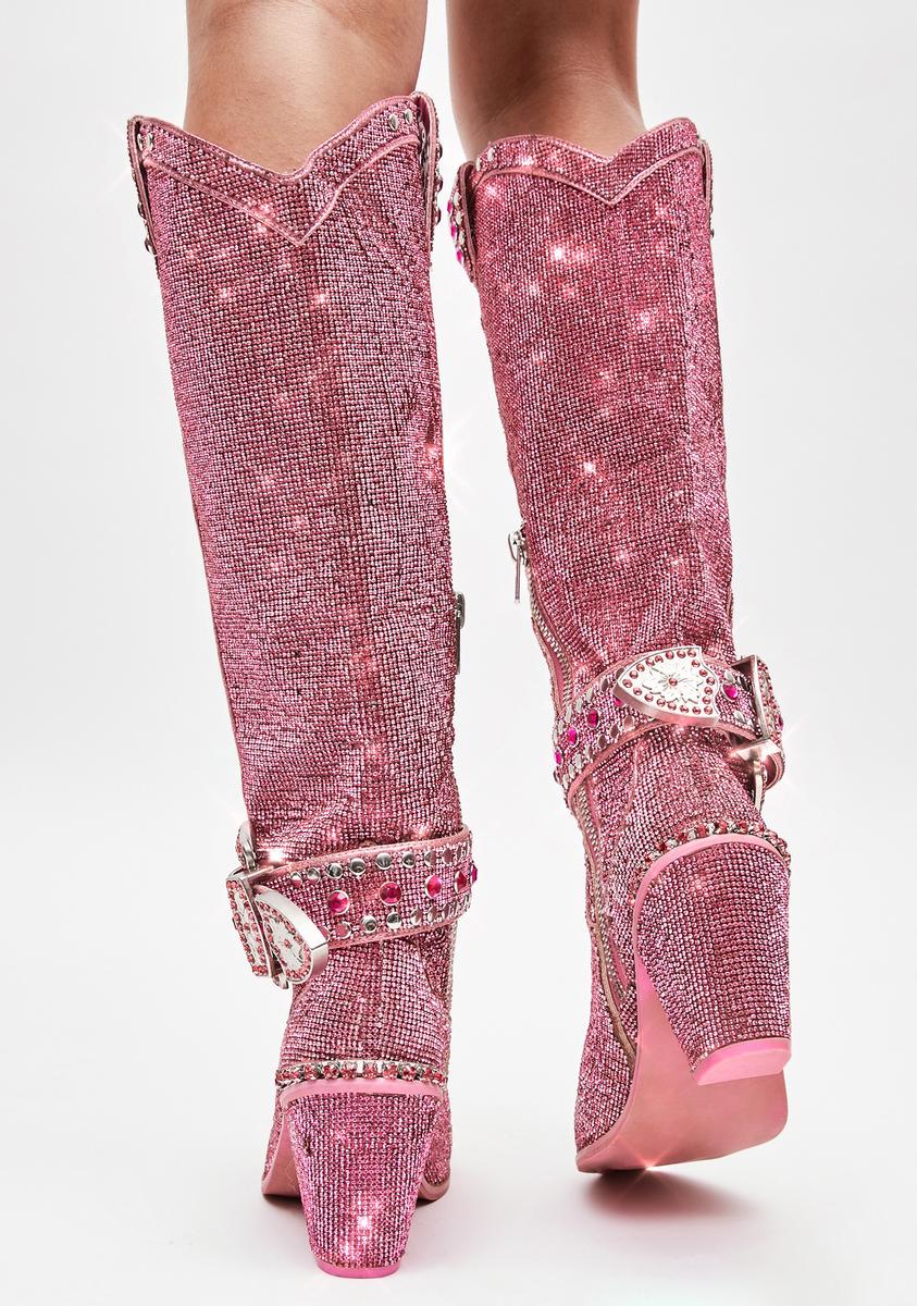 Sugar Thrillz Rhinestone Knee High Cowboy Boots - Pink – Dolls Kill