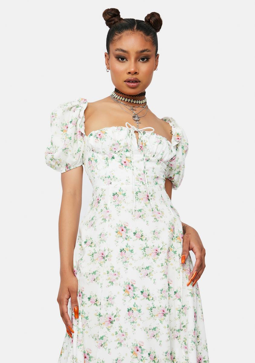 Floral Short Puff Sleeve Side Slit Maxi Dress - White – Dolls Kill