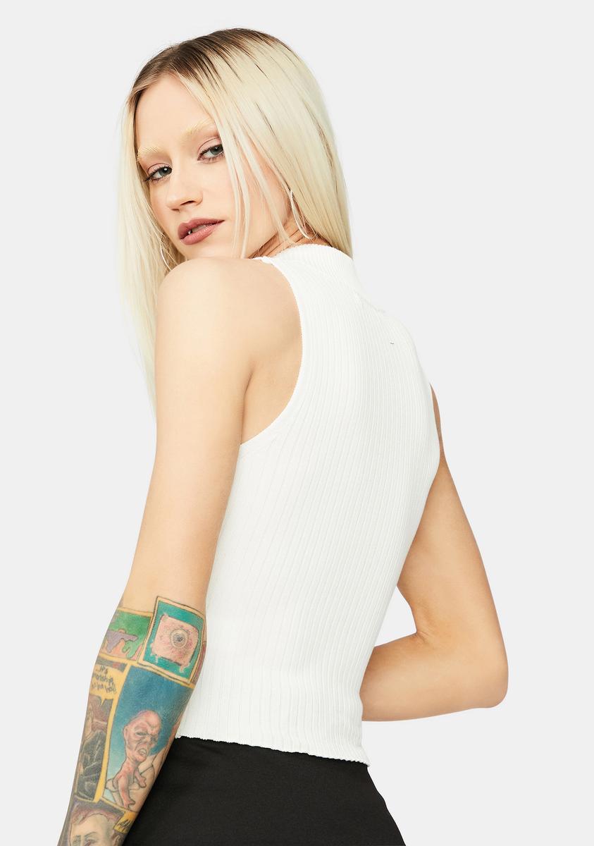 Ribbed Knit Mock Neck Half Zip Sleeveless Tank Crop Top White Dolls