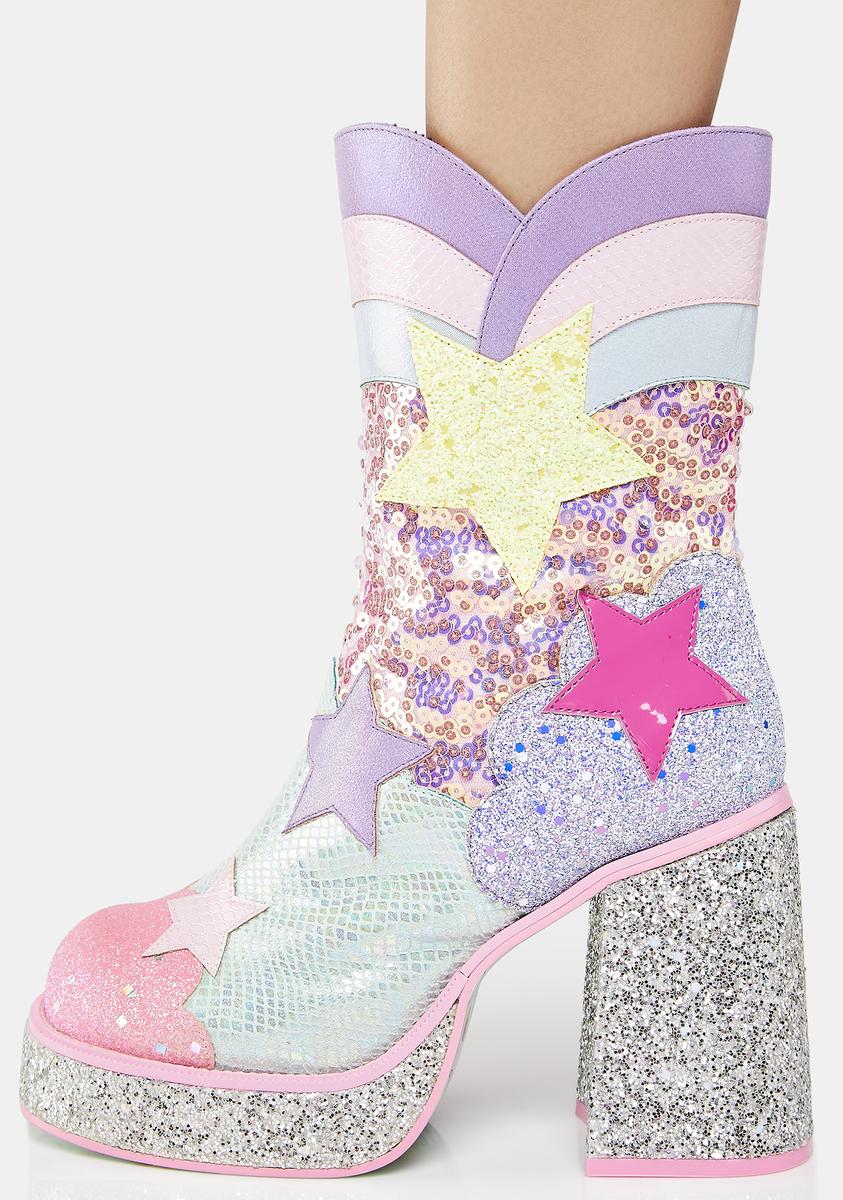 Irregular Choice Glitter Star Shimmer Platform Boots - Pink#N# – Dolls Kill