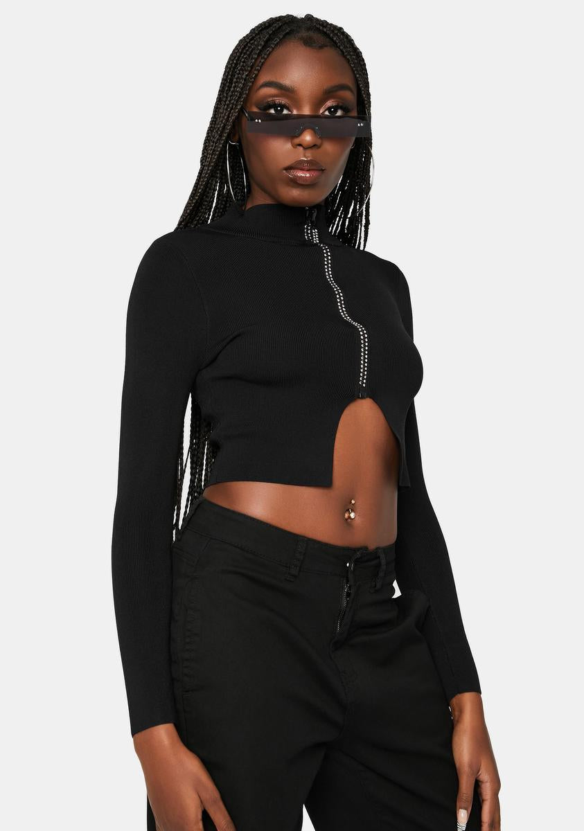 Mock Neck Cut Hem Zip Up Crop Top - Black – Dolls Kill