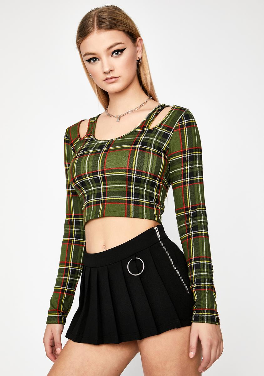 Plaid Cut Out Long Sleeve Crop Top Green – Dolls Kill