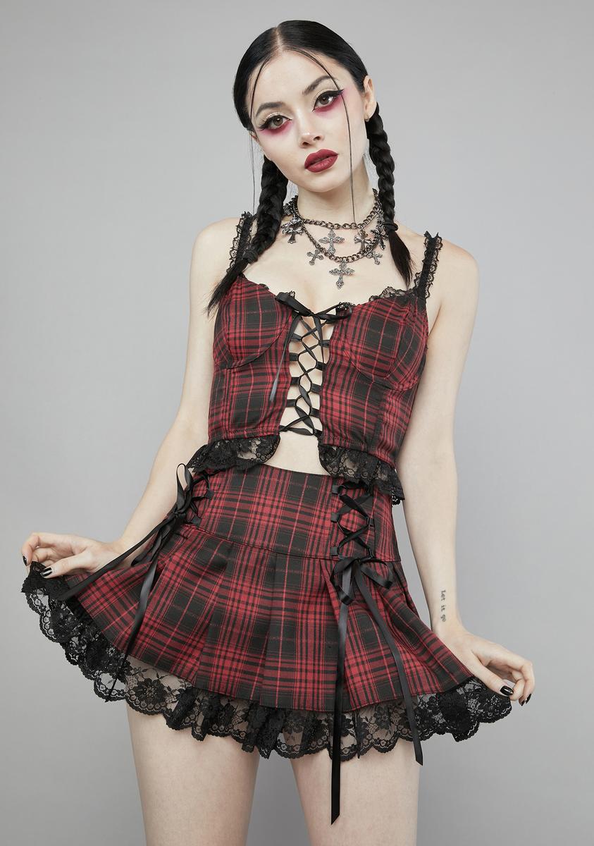 Widow Plaid Lace Up Pleated Skirt - Black/Red – Dolls Kill