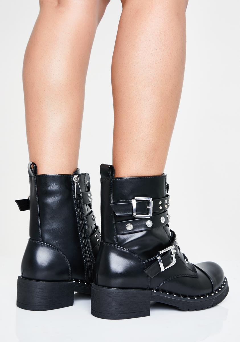 Studded Buckle Combat Boots Vegan Leather Lace Up Black – Dolls Kill
