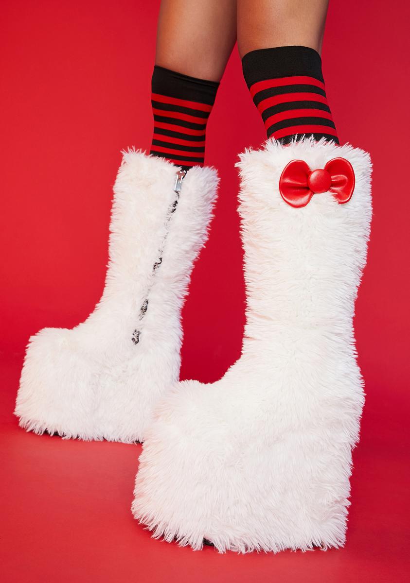 As Geladen Hollywood Dolls Kill Hello Kitty Fur Knee High Boots With Bow - White