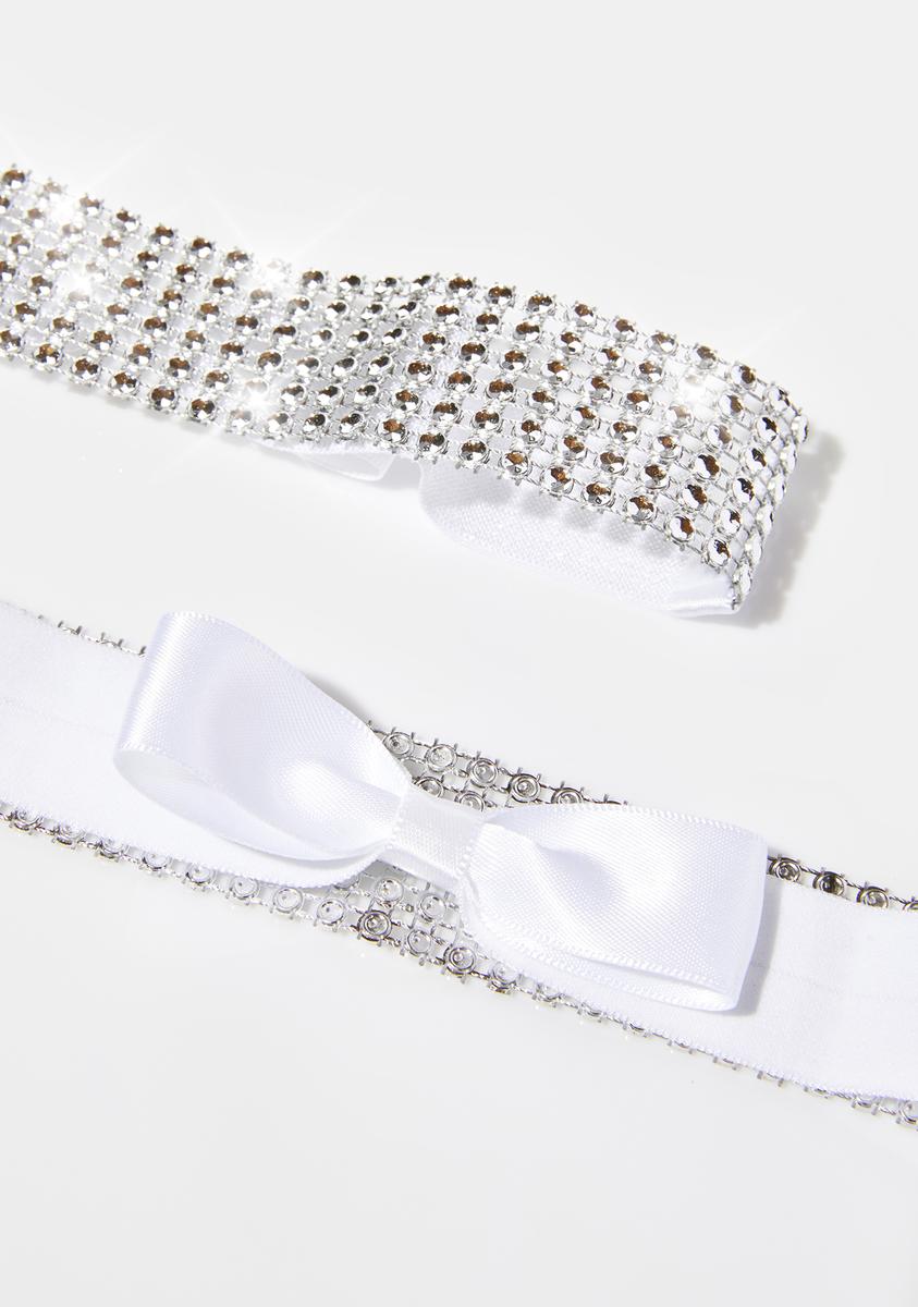 Tyes By Tara Rhinestone Leg Garters With Satin Bow - White/Silver ...