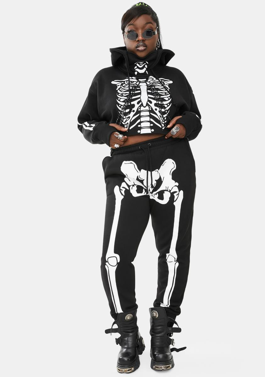 Plus Size Dolls Kill Halloween Reflective Skeleton Crop Hoodie - Black