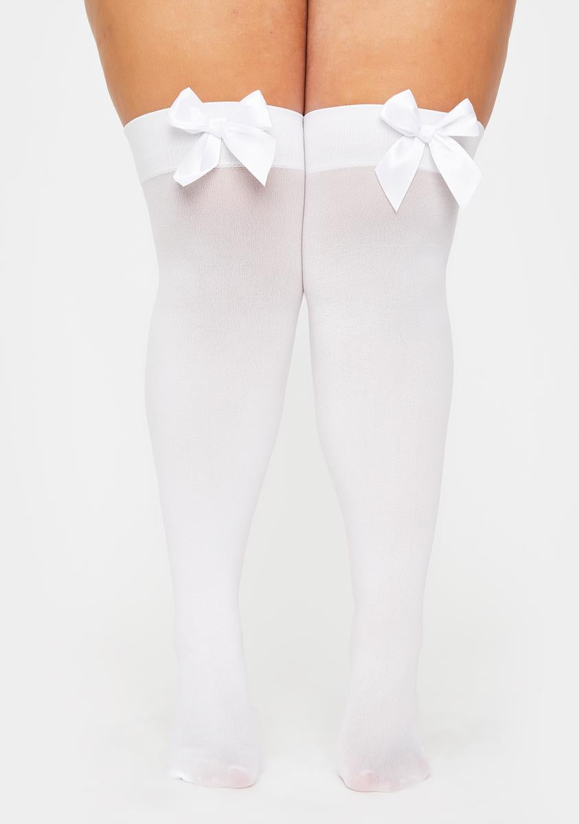 Plus Size Bow Opaque Thigh Highs - White – Dolls Kill