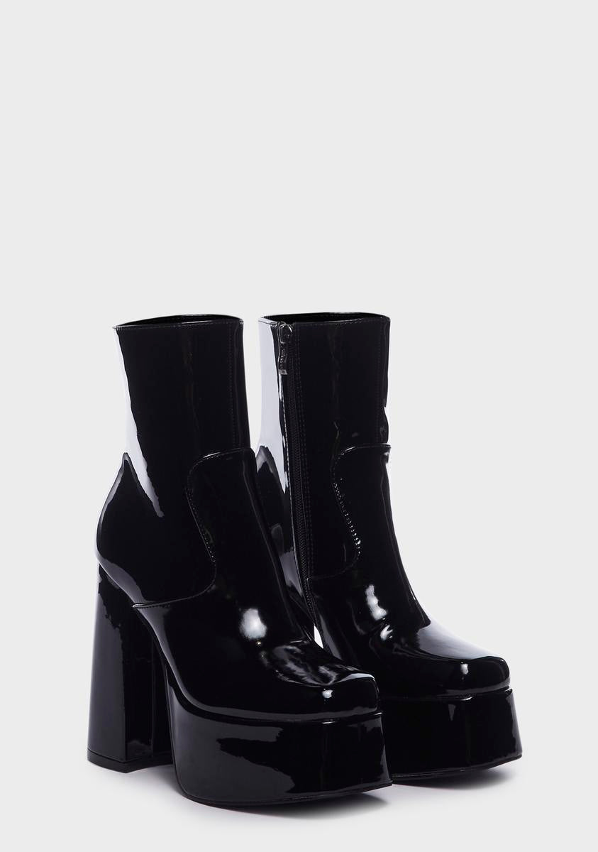 Patent Vegan Leather Platform Heeled Boots - Black