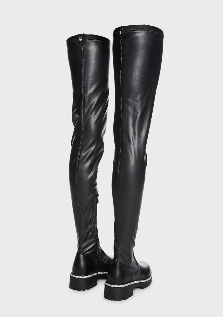 AZALEA WANG Vegan Leather Rhinestone Trim Thigh High Boots - Black – Dolls  Kill