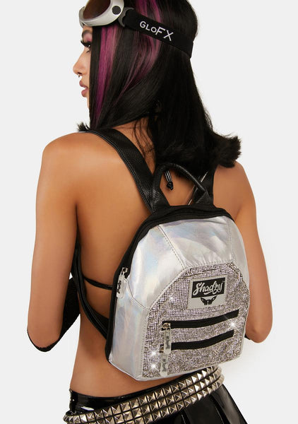 Shadzy Rhinestone Hydration Mini Backpack - Holographic Silver