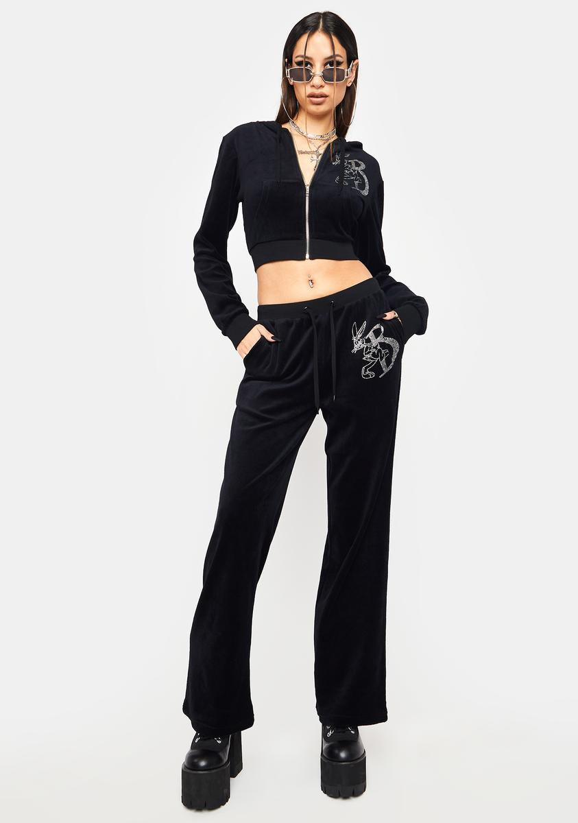 Dolls Kill X Looney Tunes Velour Rhinestone Bugs Bunny Track Pants - Black