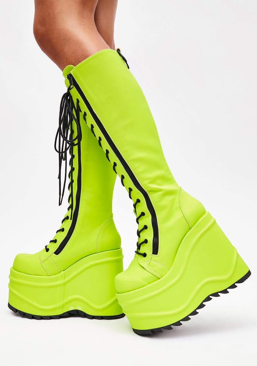 Demonia x Dolls Kill Reflective Knee High Wedge Platform Boots - Neon Green