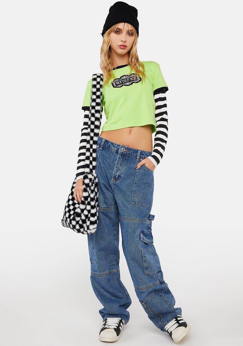 Dolls Kill X Beetlejuice Boxy Graphic Crop Top With Striped Long ...
