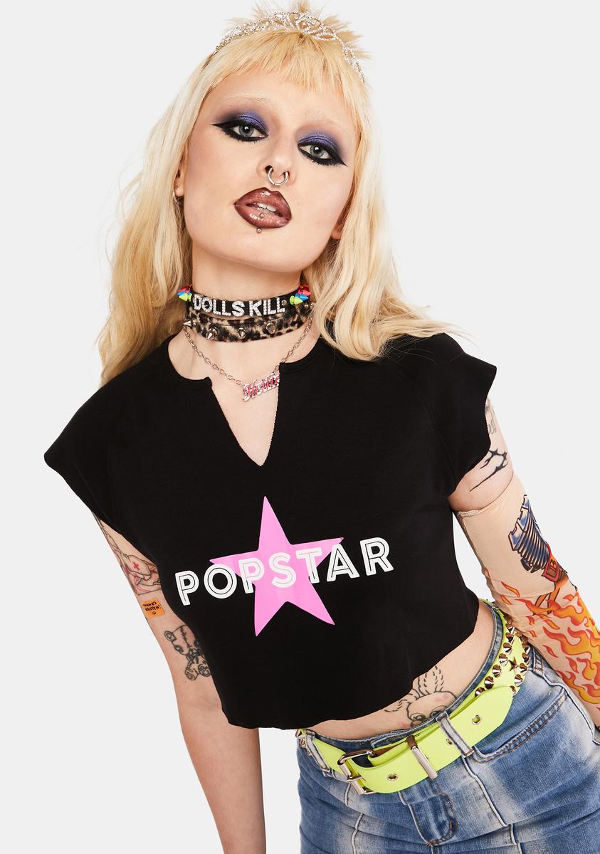 Popstar Graphic Cap Sleeve Crop Tee - Black – Dolls Kill