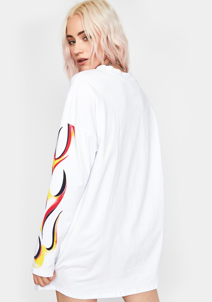 White Flaming Graphic Long Sleeve T Shirt Dress – Dolls Kill
