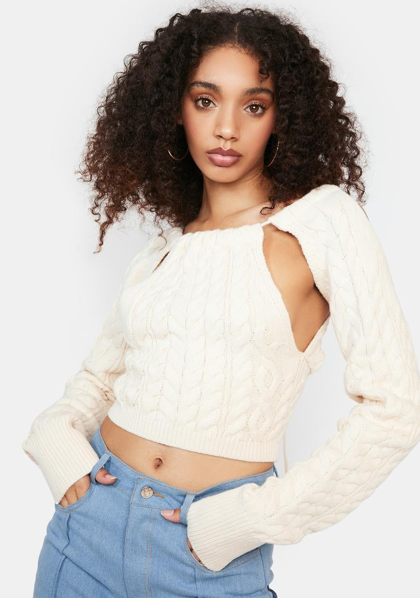 Cut Out Long Sleeve Cable Knit Crop Top - Cream – Dolls Kill