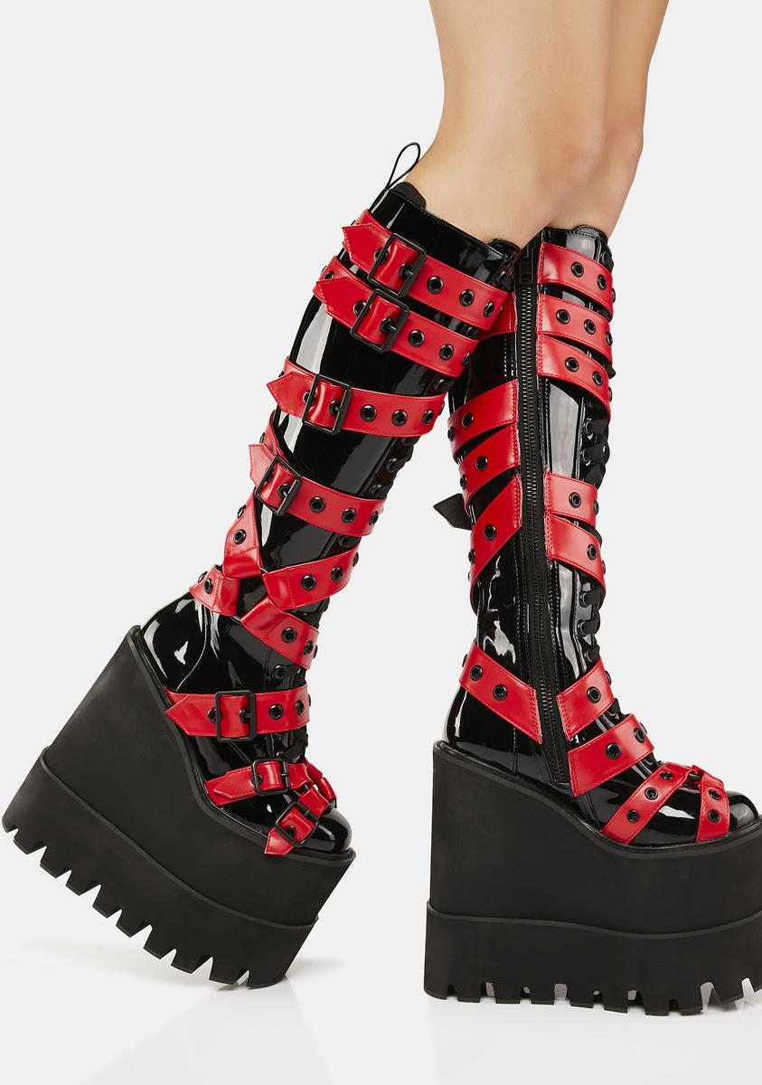 Current Mood Stacked Knee Platform Buckle Boots - Black/Red – Dolls Kill