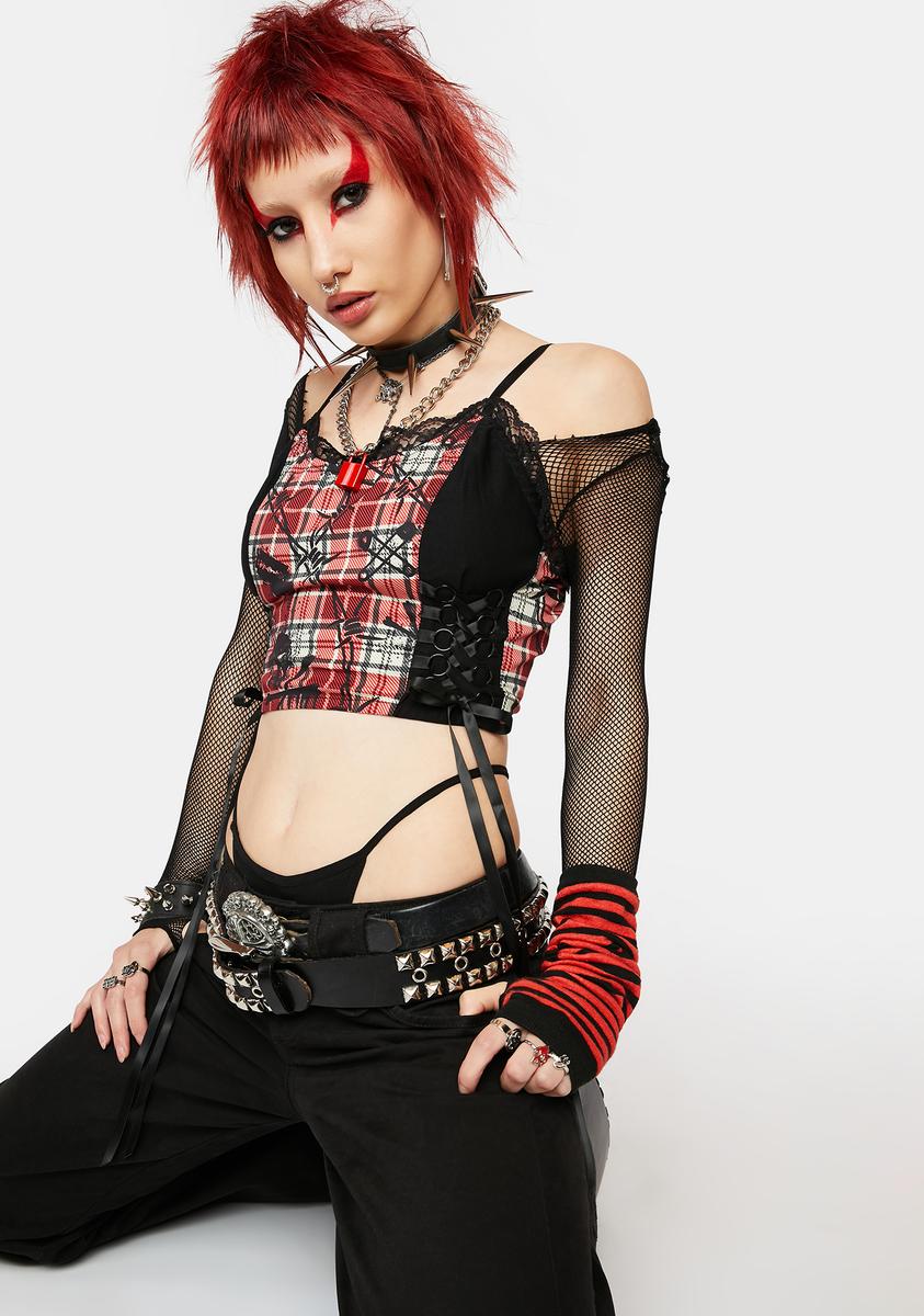 Current Mood Plaid Graphic Lace Up Crop Top - Red – Dolls Kill