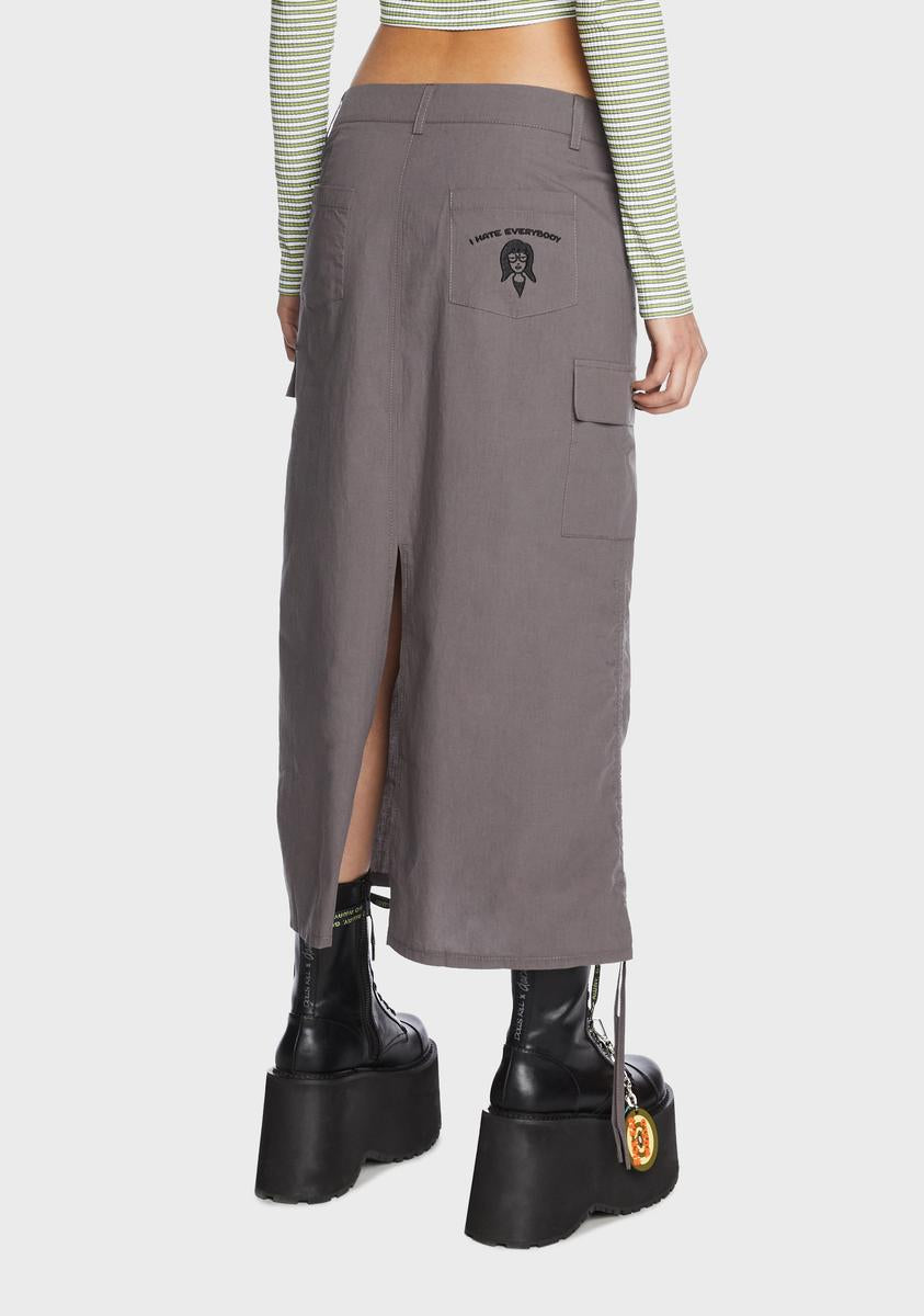 Dolls Kill x Daria Low Waist Embroidered Midi Cargo Skirt - Gray