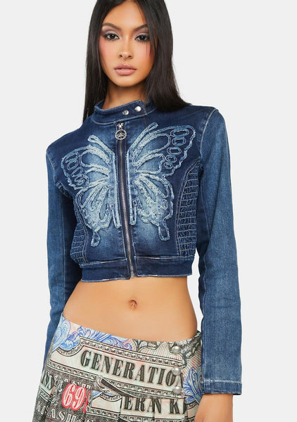 Generation Kiss Denim Ultra Washed Butterfly Cropped Moto Jacket