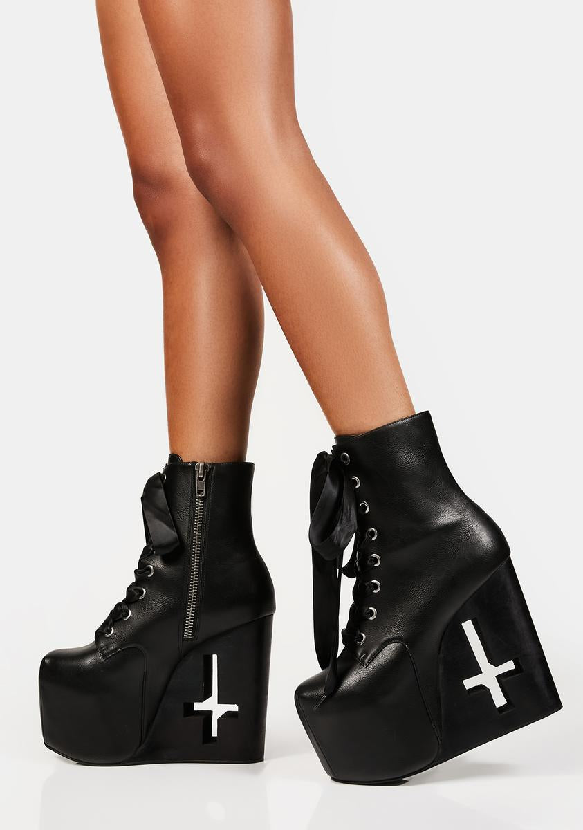 Trickz N Treatz Cross Cutout Wedge Platform Boots - Black – Dolls Kill