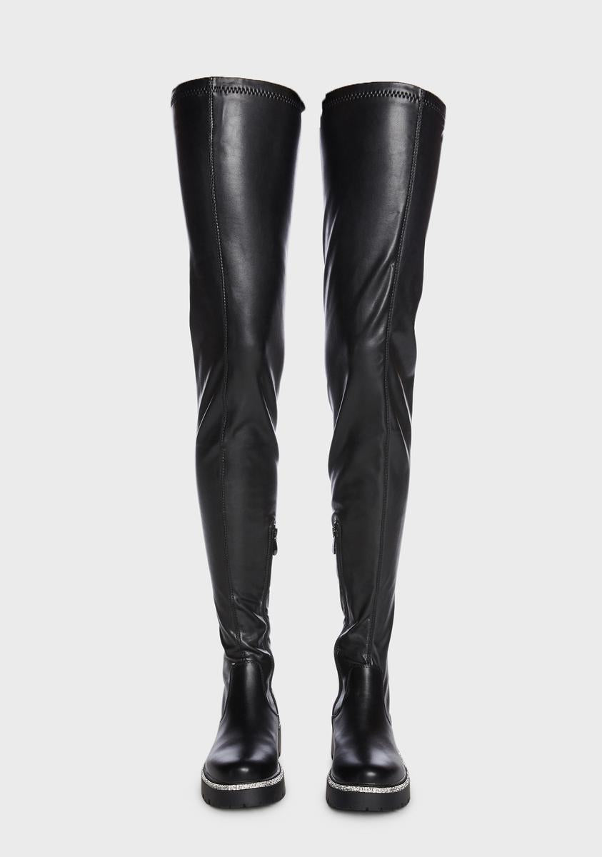 AZALEA WANG Vegan Leather Rhinestone Trim Thigh High Boots - Black – Dolls  Kill