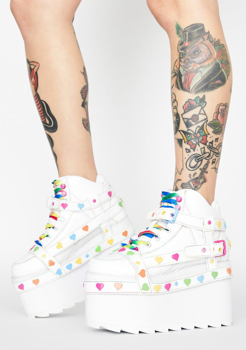 White Qozmo Bondage Rainbow Heart Platform Sneakers