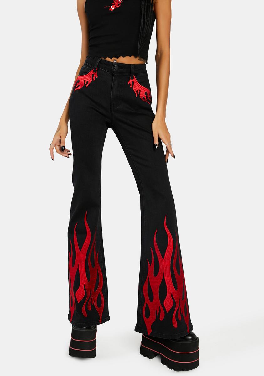 Dolls Kill x Hot Stuff Casper Embroidered Flame Flare Jeans - Black/Red