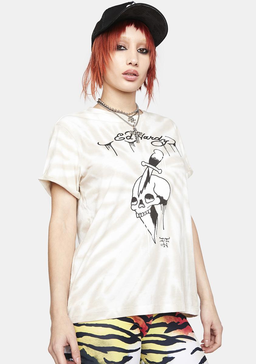 Ed Hardy x Dolls Kill Dagger Skull Graphic Tee - Off White Tie Dye