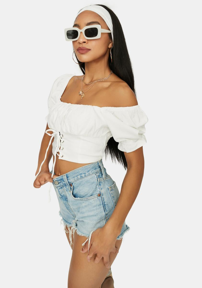 Off Shoulder Puff Sleeve Lace Up Crop Top - White – Dolls Kill