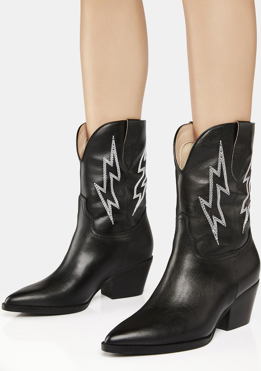 Vegan Leather Lightning Stitched Cowboy Boots - Black – Dolls Kill